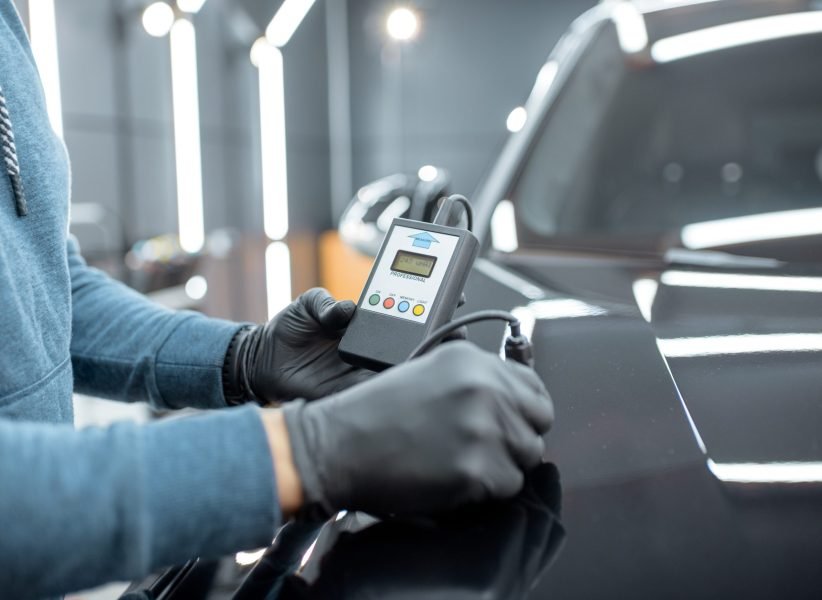 Inspector measuring paint cover thickness of the car body at the vehicle service box, close-up view on hands and professional thickness meter